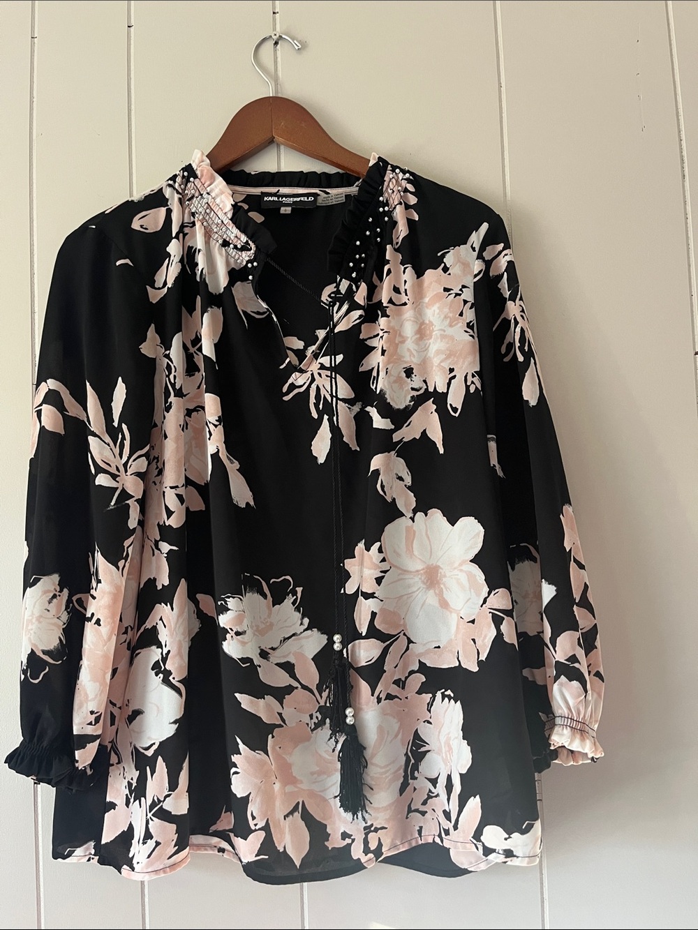 Black & Blush Floral Tie-Neck Blouse